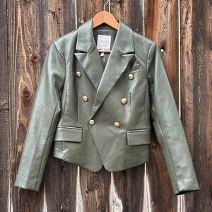NWOT Olive Green Gold Button Double-breasted Faux Leather Blazer S